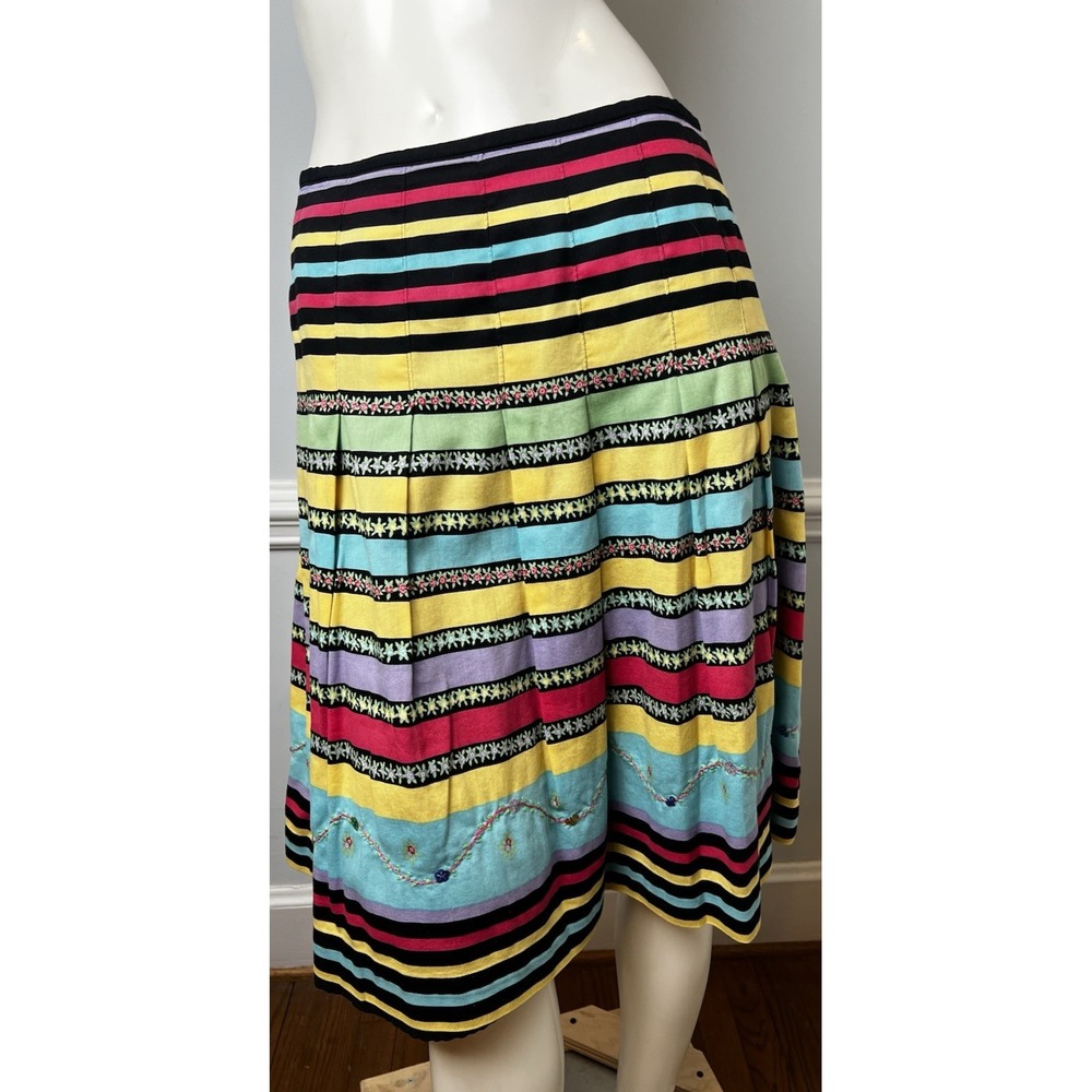Harold's Striped Floral Ribbed Pleated Lined Embroidered Cotton Sequin Skirt 6